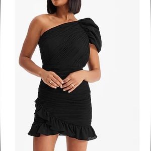 One-shoulder, puff-sleeve, ruched, ruffle hem dress